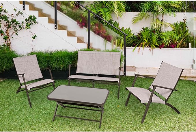 Four Seasons Courtyard Novara 4 Piece Steel Folding Outdoor Patio Furniture Conversation Set with 2 Patio Chairs, 1 Loveseat, and Table, Tan/Espresso