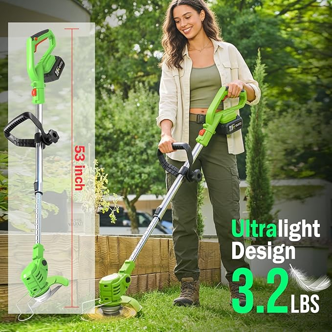 Electric Weed Wacker Cordless, 21V Battery Powered Weed Eater with 2X 2.0Ah Battery Operated and Charger, Lightweight 3 in 1 Weed Trimmer Lawn Edger Brush Cutter, Stringless Weedwacker for Garden Yard