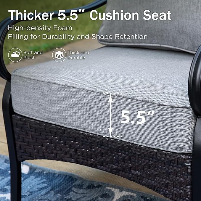 PHI VILLA Outdoor Modern Patio Furniture Set, Upgraded Wicker & Metal Patio Conversation Set with Waterproof Thick Cushions for Porch, Poolside, Yard (5 Pieces,Grey)