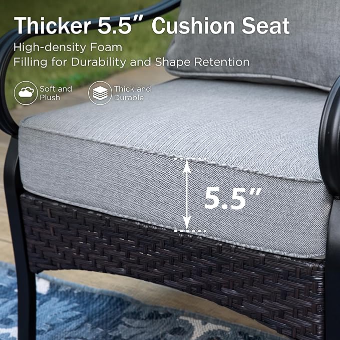 PHI VILLA Outdoor Modern Patio Furniture Set, Upgraded Wicker & Metal Patio Furniture Conversation Set with Waterproof Thick Cushions for Porch, Poolside, Yard (4 Pieces,Grey)