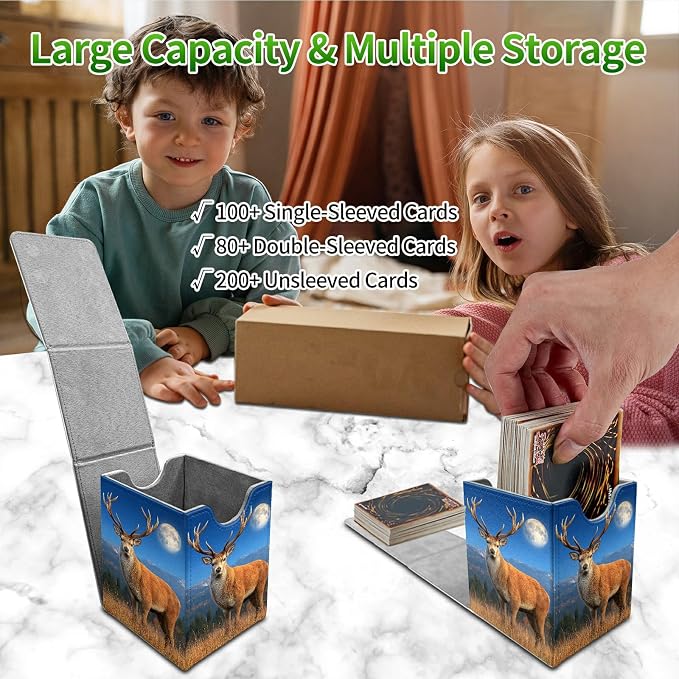 Grassland Deer Card Deck Box for MTG, Personalized Card Storage Case Fits 120+ Sleeved Cards, Premium Leather TCG Box with Strong Magnetic Closure for Magic, CCG, PTCG, Baseball Cards