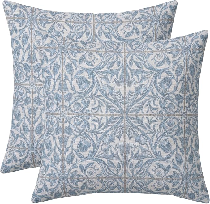 RSH DECOR: Sunbrella Square Throw Pillows Set of 2 | 24" x 24" | Water and Fade-Resistant Performance Fabric | Outdoor Pillow Covers with Down-Alternative Inserts | Made in USA (Provincial Azure)