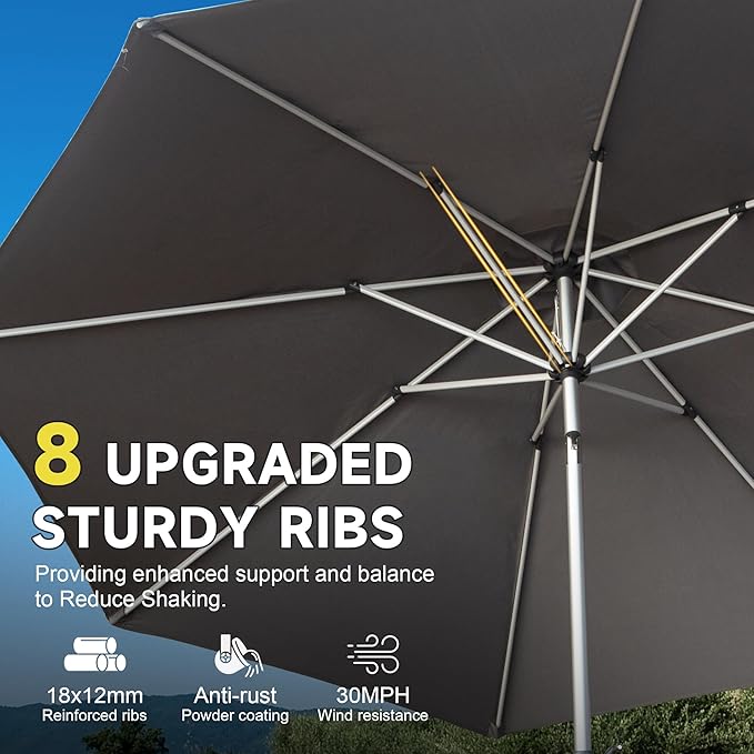 Domi 9FT Patio Umbrella Outdoor Market Umbrella with Silver Aluminum Pole, UV Resistant Canopy, Wind Vent, Tilt & Crank System, Perfect for Patio, Garden, Deck, Pool, Outdoor Dining, Gray