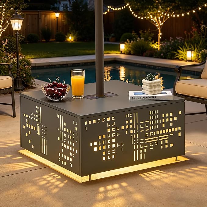 HOOOWOOO Outdoor Patio Solar Table with Umbrella Hole,Metal Coffee Side End Table,Umbrella Table with 2" Hole for Yard,Deck,Porch,Garden(Square Charcoal Gray)