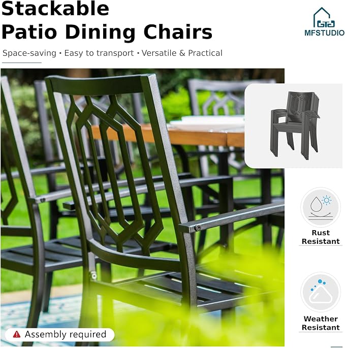 MFSTUDIO Patio Table and Chairs Set, Outdoor Dining Set for 6 with Umbrella Hole, 7 Piece Metal Patio Dining Set for Deck, Backyard, Poolside & Garden