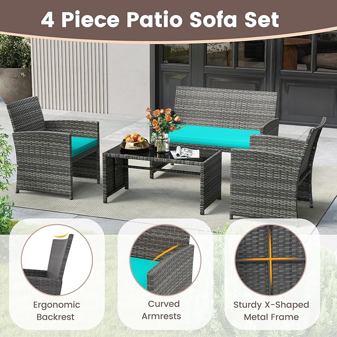 HAPPYGRILL 8 Piece Rattan Wicker Patio Conversation Set, Outdoor Furniture with Chair Loveseat Table & Cushion, for Backyard Porch Balcony (2, Turquoise)