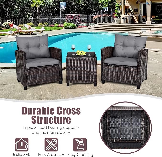 3-Pieces Patio Furniture Set, PE Wicker Chairs Sofa Set with Removable Cushions & Glass Top Side Table, Outdoor Wicker Rattan Conversation Chair for Porch,Backyard, Balcony (Grey)
