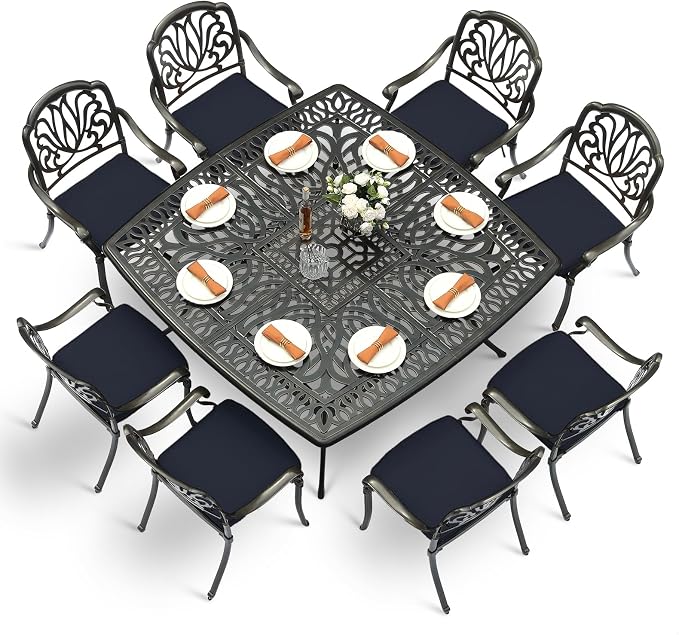 VIVIJASON 9-Piece Outdoor Furniture Dining Set for 8, All-Weather Cast Aluminum Patio Table and Chairs Set with 8 Cushioned Chairs, 64" Large Square Dining Table, 2.2" Umbrella Hole, Navy Blue