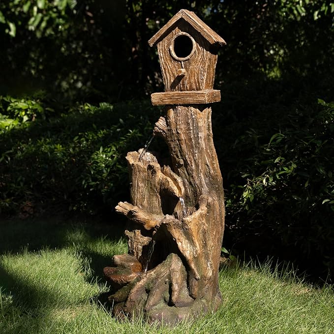Outdoor Water Fountain with LED Lights Rustic Tree Stump Garden Fountain with Birdhouse Multi Tier Cascading Water Feature for Patio Backyard Lawn Entryway Resin Waterfall Decor 32 Inch
