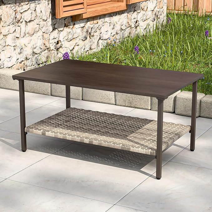 COOS BAY Aurora Terrace Outdoor Coffee Table, 2 Tier Metal Patio Table with Storage, Wood Grain Top Garden Side Table, All Weather Wicker Furniture