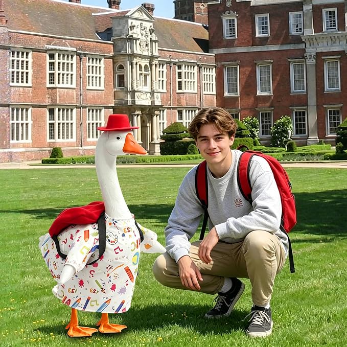 Porch Goose Outfits Back to School: Funny Hat Pencil Red Backpack Lawn Goose Clothes Fits 23 Inch Cement Plastic Statue for School Classroom Outdoor Garden