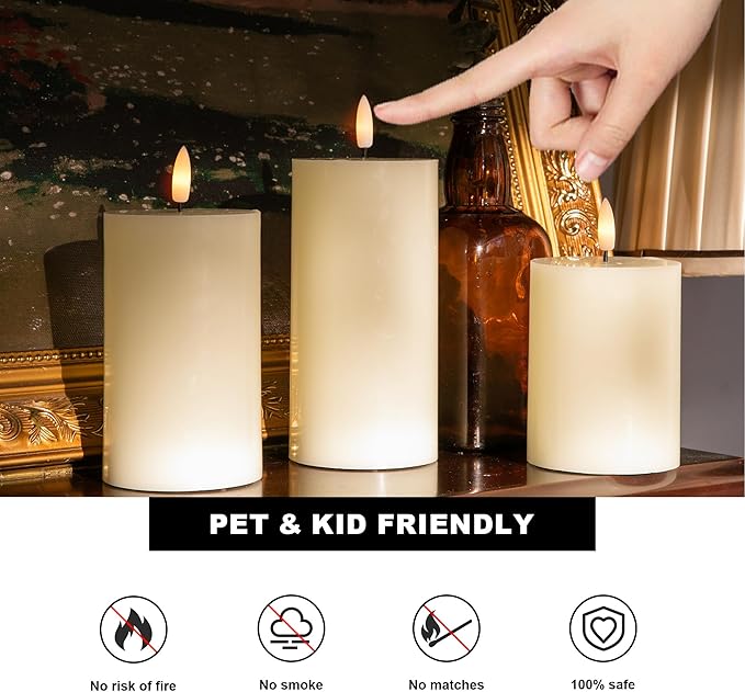 Flickering Flameless Candles, Real Wax Battery Operated Candles with Remote, Flat Top Led Flameless Pillar Candles for Home, Wedding, Party Decor, Set of 3, Φ 3" H 4" 5" 6", Ivory