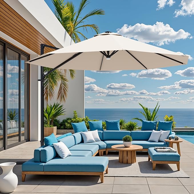 Greesum 10FT Outdoor Patio Umbrella with High Pedel and 4 Gear Heights, Large Offset Umbrella with Solar LED Lights and 360-degree Rotation, Without Base, Hanging Outdoor Shade for Garden, Beige