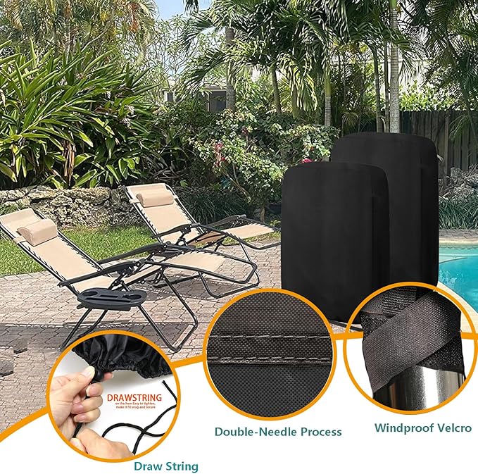 Oslimea Zero Gravity Chair Covers 2 Pcs, Folding Patio Chair Covers All Weather Waterproof Dustproof with Storage Bag, 32.3" W x 7.9" D x 36.6" H, Black
