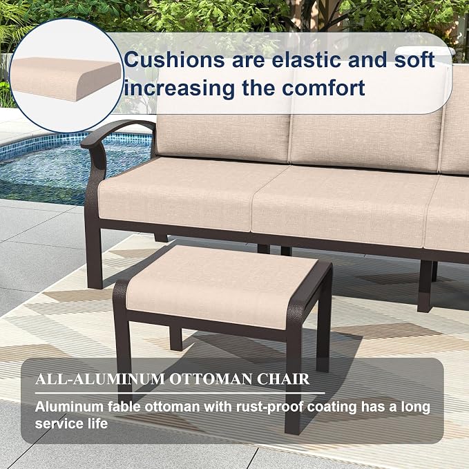 Kurapika Aluminum Patio Furniture Set 5-Seat Modern Metal Outdoor Conversation Sets w/45in Propane Fire Pit Table, w/5.1 Inch Cushion Patio Sectional Sofa with 2 Ottomans, Sand