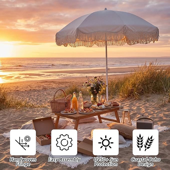 Boho Fringe Beach Umbrella with Extra Large Picnic Blanket Set, 6.5Ft UPF50+ Tassel Ruffles Umbrella 71"x 91" Picnic Blanket for Beach Wedding Bridal Shower Birthday Party Patio Lawn