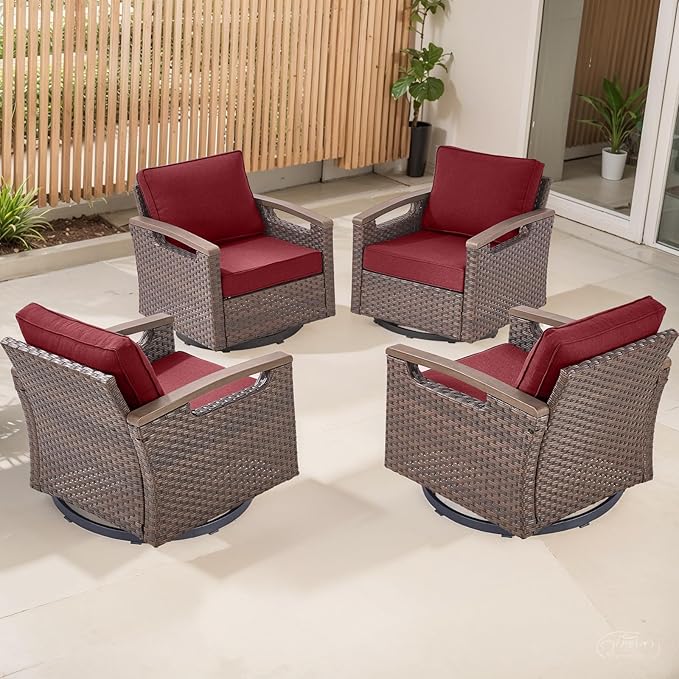 Rilyson 4 Piece Outdoor Patio Swivel Rocking Chairs, All Weather Wicker, Metal Armrest, Deep Seating, Thick Comfortable Cushions, Ideal for Deck Porch Backyard, Brown/Red