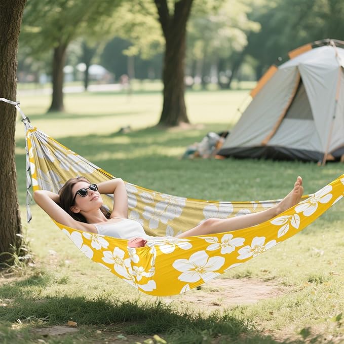 Camping Hammock Outdoor Hammocks for Outside Yellow White Flower Beach Trees Portable Lightweight with Pockets Tree Straps Indoor Small