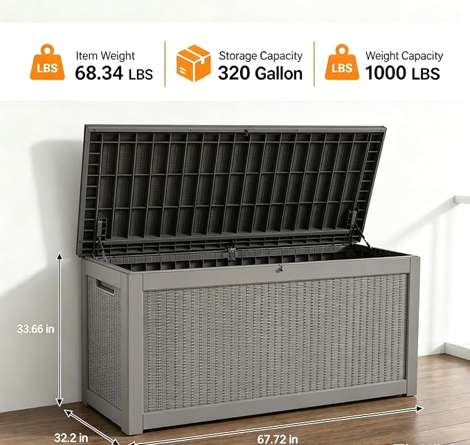 LAUSAINT HOME 320 Gallon Resin Deck Box, Package Delivery Box with Lockable Lid, Waterproof Outdoor Storage Box For Garden Tools, Patio Cushions(320 Gallon,Grayish-tan)