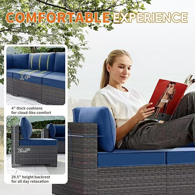 Gotland 11 Pieces Patio Furniture Set with Fire Pit Table Swivel Chairs, PE Rattan Outdoor Furniture with 29.5'' High Backrest 4’’ Thick Cushions, Outdoor Sectional for Porch, Deck, Garden, Navy