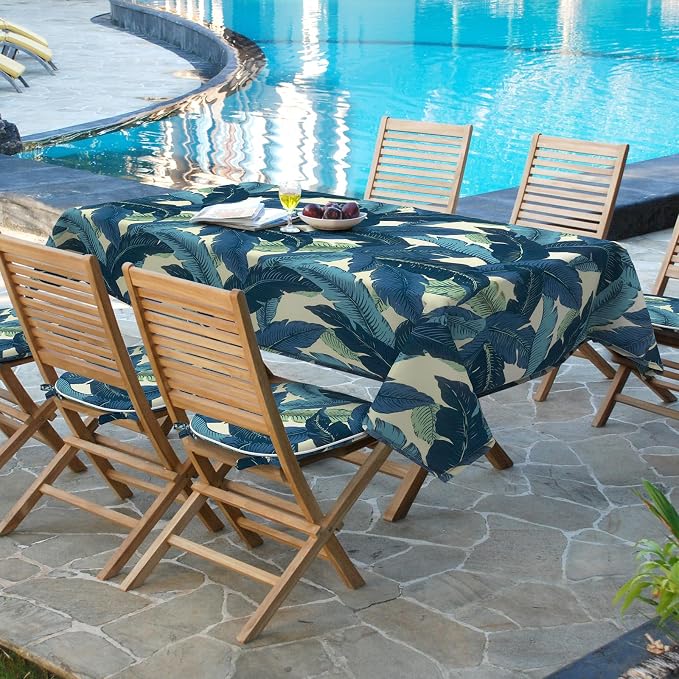 DYTXIII Outdoor Rectangle Tablecloth with Umbrella Hole and Zipper 84" x 60", Water Repellent Floral Picnic Cover, Fade & Wrinkle Resistant Tablecloth for Patio/Garden/Party Table, Palms Blue