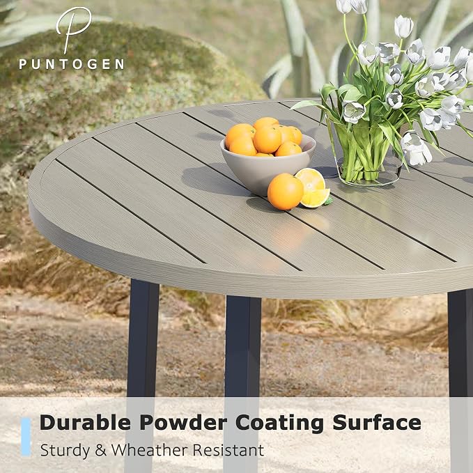 Outdoor Round Dining Table for 4, 42" Large Metal Wrought Iron Metal Table with Umbrella Hole, All Weather Patio Furniture for Deck, Yard, Porch - Honey Oak