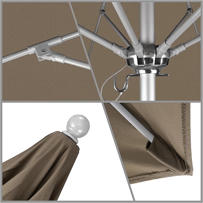 California Umbrella 9' Rd. Venture Series Contract Grade Patio Umbrella, Push Open Pin Stop, Silver Finish, Sunbrella Taupe