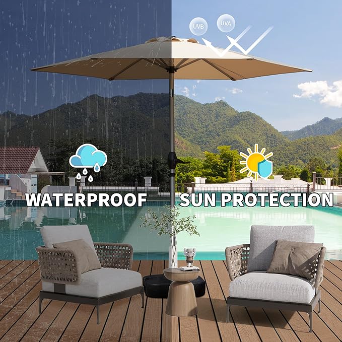 Domi 7.5FT Patio Umbrella, Outdoor Table Umbrella with Aluminum Pole, UV Protection Waterproof Market Sun Umbrella with Push Button Tilt and Crank for Garden, Deck, Backyard, Pool (Beige)