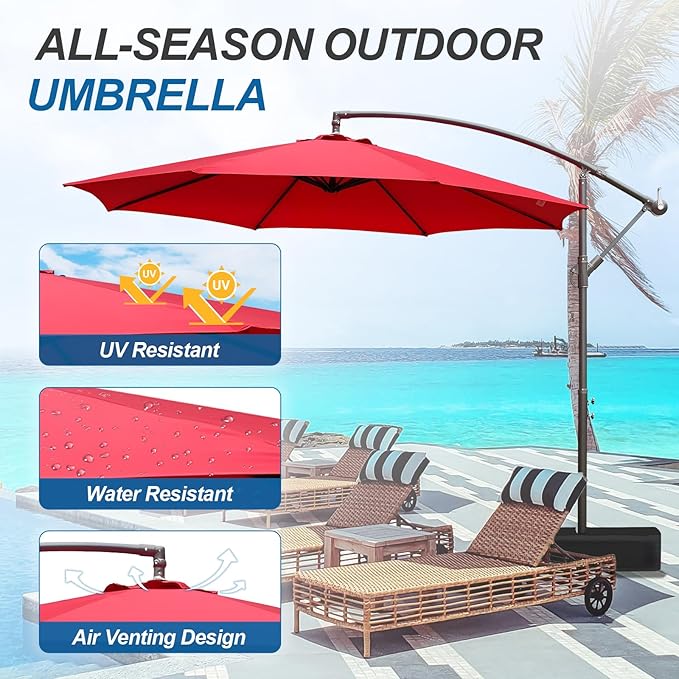 BPS 10ft Patio Umbrella with Base Included, Outdoor Offset Cantilever Umbrella with Easy Tilt Adjustment, UV-Blocking Polyester Shade, 8 Ribs for Backyard, Poolside, Lawn and Garden