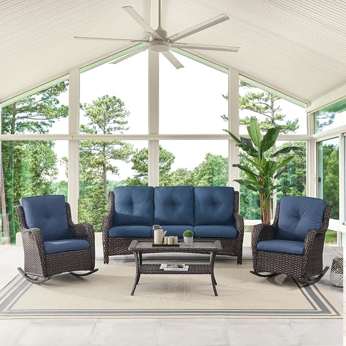 Belord Outdoor Coffee Table for Patio - 40 Inch Rattan Patio Coffee Table with 2-Layer Storage, Rectangular Tempered Glass Outdoor Wicker Table for Porch Balcony Deck Brown