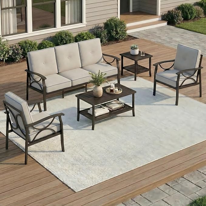 RoyalCraft 5-Pieces Outdoor Patio Furniture Set, Outdoor Metal Sectional Furniture with Cushions, Outdoor Conversation Seating Set with Coffee Table for Balcony, Backyard, Garden, Deck, Black