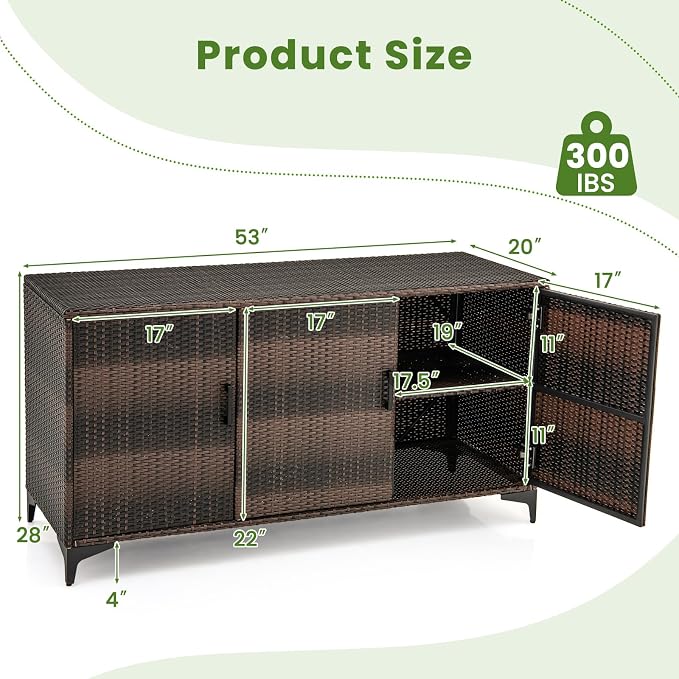 HAPPYGRILL Outdoor Rattan Wicker Deck Box Storage Cabinet, Patio Storage Container with 3 Doors and Removable Shelves, for Backyard Garden Poolside, 84 Gallon
