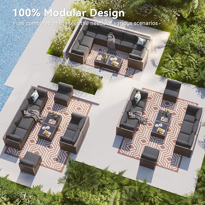 LazySunsets 10 Piece Outdoor Patio Furniture Set with Coffee Table, Outdoor Patio Furniture Sets with Waterproof Cover and Thicken Cushion, Wicker Rattan Outdoor Conversation Set for Backyard, Grey