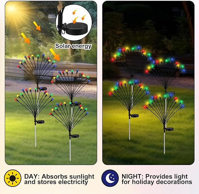 Rossesay Solar Lights Outdoor Decor for Garden Summer, 4 Pack 48 LED Multicolor Firefly Solar Light, Swaying Lights Outdoor Waterproof, Garden Decorative for Yard Patio Pathway Lawn Decor