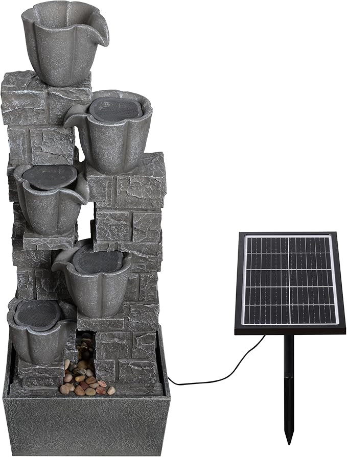 Solar Powered Water Fountain-36.2in.Tall Floor-Standing Outdoor Fountains with Tulip Design - Natural 4 Tiers Waterfall Water Feature for Outside Garden,Backyard,Lawn Decor,Grey
