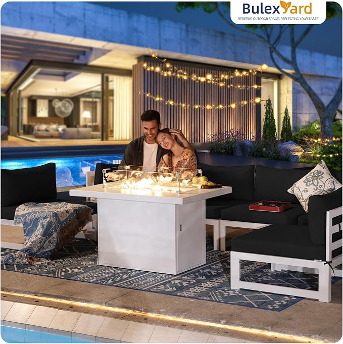 BULEXYARD 9 Pcs Large Modern Aluminum Outdoor Sofa with Rectangular Fire Pit Table, 29" Deep Wide Seat, 500 lbs Durable Sectional Set for Heavy People, All-Weather Patio Furniture Set for Deck, Black