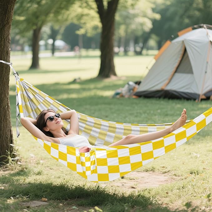 Camping Hammock Outdoor Hammocks for Outside Yellow White Checkered Beach Trees Portable Lightweight with Pockets Tree Straps Indoor