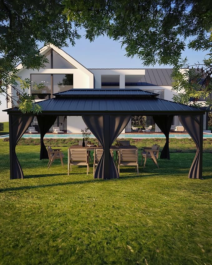 GarveeLife Hardtop Gazebo 12 ft x20 ft for All Weather, with Double Metal Roof, Net, and Curtain, Permanent Building for Patio, Deck, Backyard, Lawn, and Garden