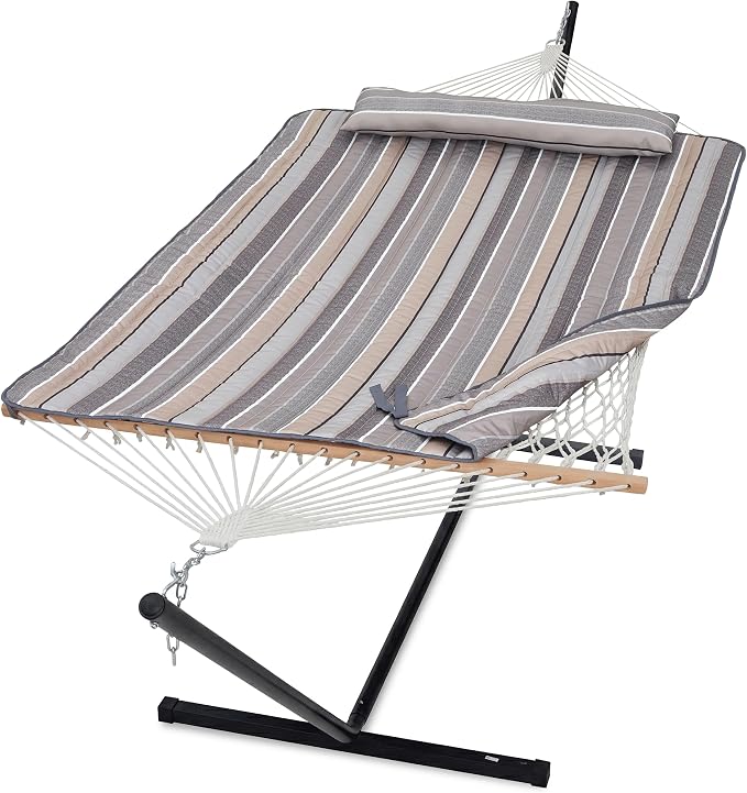 GAFETE 2 Person Hammock with Stand for Outside, 52inch Double Cotton Rope Hammock with Polyester Pad, Heavy Duty Steel Stand, Large Removable Pillow, Storage Bags, Max 475 lbs Capacity (Dove with Pad)