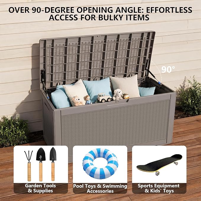 Outdoor Storage Box, 110 Gallon Waterproof Deck Box [Upgraded 3.0], Auto-Open Gas Struts Resin Organizer for Lounger Pillows, Secure Lockable Backyard Storage Bench, Poolside Deck, Grey