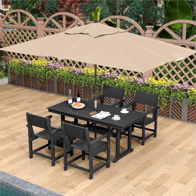 5-Piece HDPE Outdoor Patio Dining Set,Outdoor Table and Chairs,Modern Plastic Dining Sets with Umbrella Hole Cut-Out Table and 4 Chairs Black