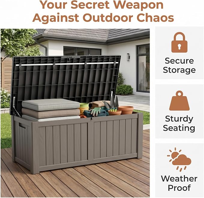 148 Gallon Resin Deck Box - Outdoor Storage Chest for Patio Furniture Cushions, Garden Tools, Pool Accessories & Backyard Organization Lockable Waterproof All-Weather Wood Grain Design, Easy Assembly
