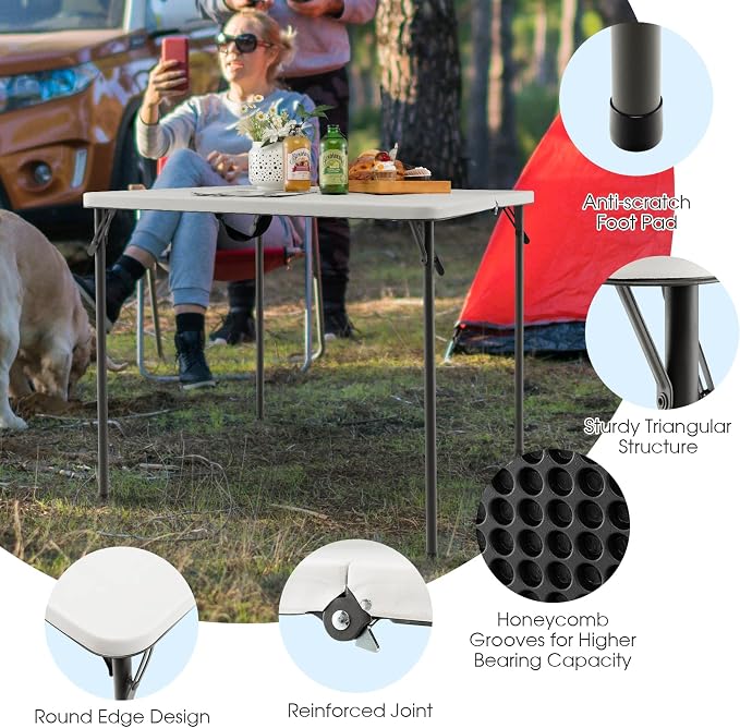 MEDIMALL Outdoor Folding Table, Fold-in-Half Utility HDPE Foldable Table with Metal Legs, Handle, Square Indoor Outdoor Collapsible Dining Table for Camping, Picnic, Party (White)