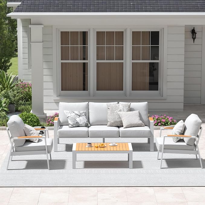 Aluminum Outdoor Patio Coffee Table for for Deck, and Poolside (White, Dark Teak)