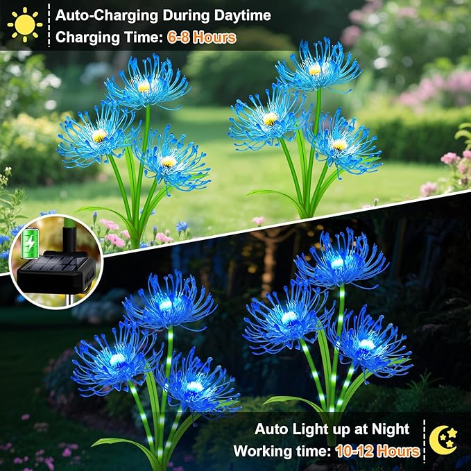 Solar Garden Flower Lights Outdoor, 8 Pack Blue Spider Lily Solar Lights with Glowing Stems, IP65 Waterproof LED Yard Decor for Patio Lawn Pathway, Mother's Day Valentine Gifts for Women Mom Grandma