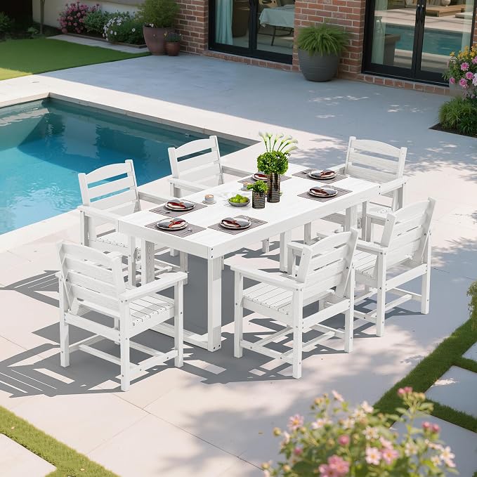 SERWALL HDPE Outdoor Dining Set for 6, 67'' Patio Table and Chairs Set | with Armchair Seat