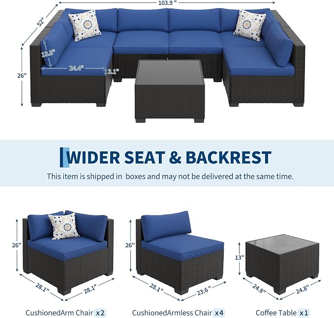 7 PCS Outdoor Sectional Furniture Set, Wicker Conversation Set Sofa, Black | Freely combinable outdoor conversation sofa Weather resistant rattan wicker furniture Easy clean
