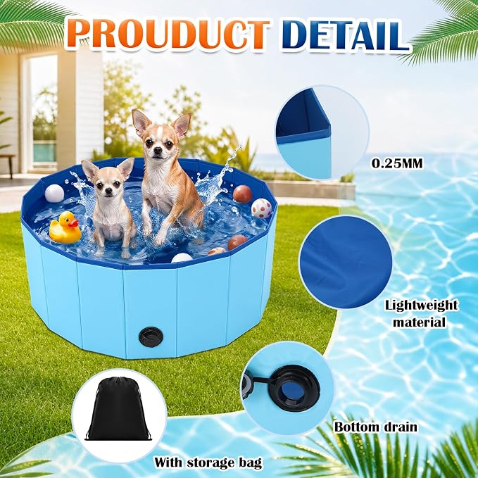 Chunful Blue Foldable Dog Pool with Storage Bag, Pet Swimming Pool Hard Plastic Portable Bath Tub for Dogs, Cats, Backyard, Beach, and Summer Play, Indoor & Outdoor Use (31.5" X 12")