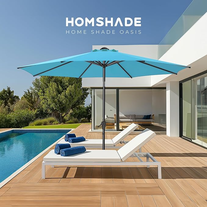 HOMSHADE 9ft Outdoor Patio Umbrella - UPF50+ UV Protection Market Patio Table Umbrella with Push Button Tilt, Crank and 8 Sturdy Ribs for Pool Deck and Garden (Light Blue, No base)