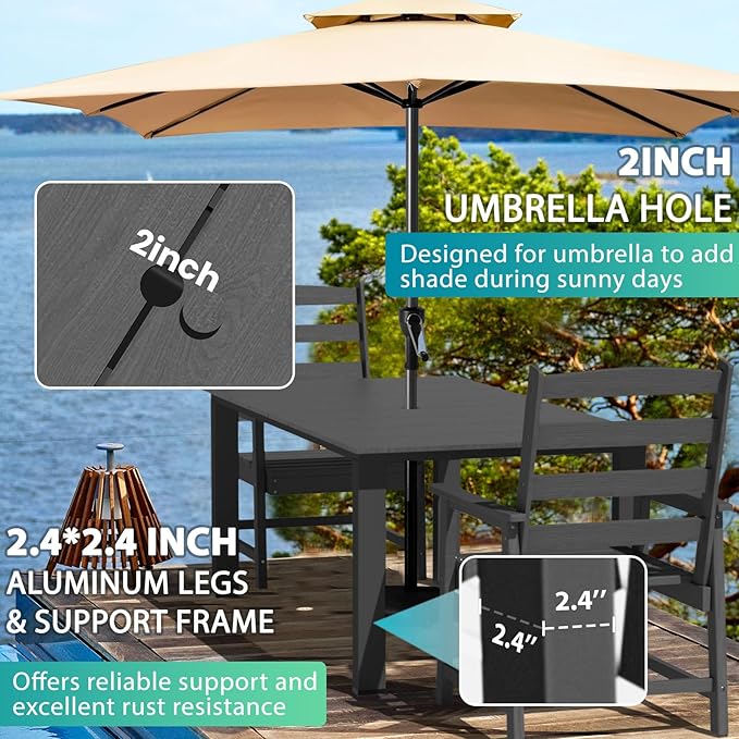 LOUNZY 5 Pieces Patio Dining Sets, Outdoor HDPE Furniture Set for 4 w/ 2" Hole Cut-Out Dining Table with 4 Patio Chairs for Pool, Lawn and Garden,Gray